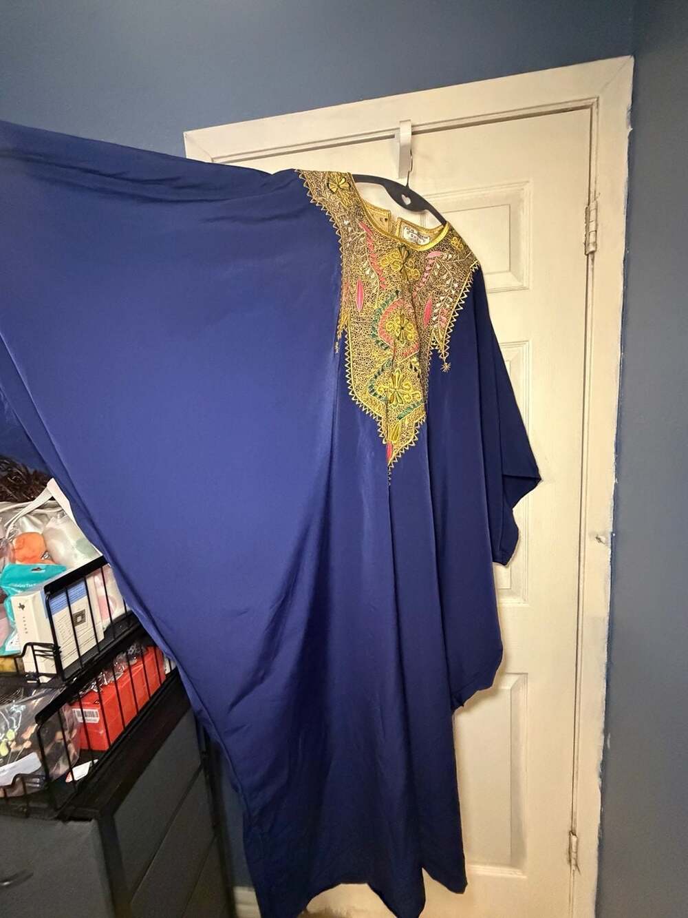 Aicha Broderie Abidjan African Boubou Kaftan Navy Gold Embroidered Maxi Dress - Picture 4 of 11